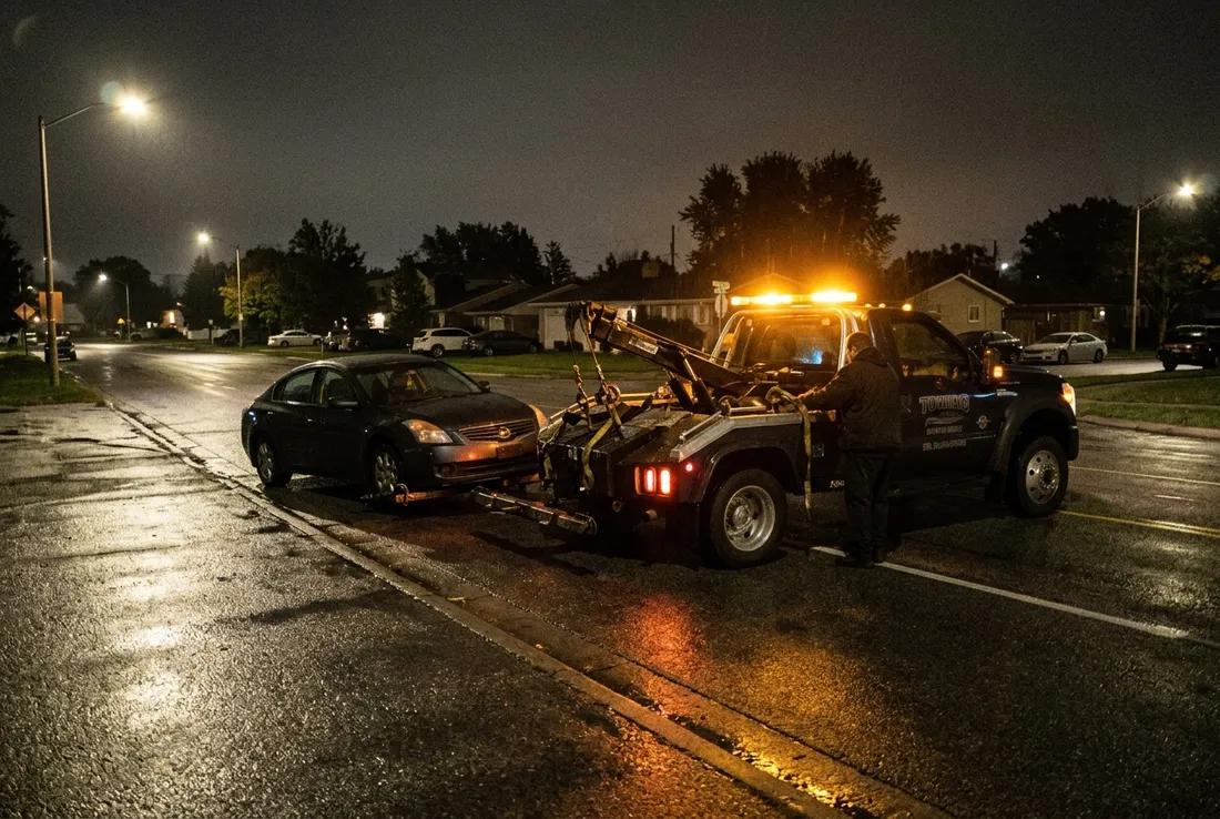 Tow truck at a nighttime roadside breakdown in Suffolk, VA