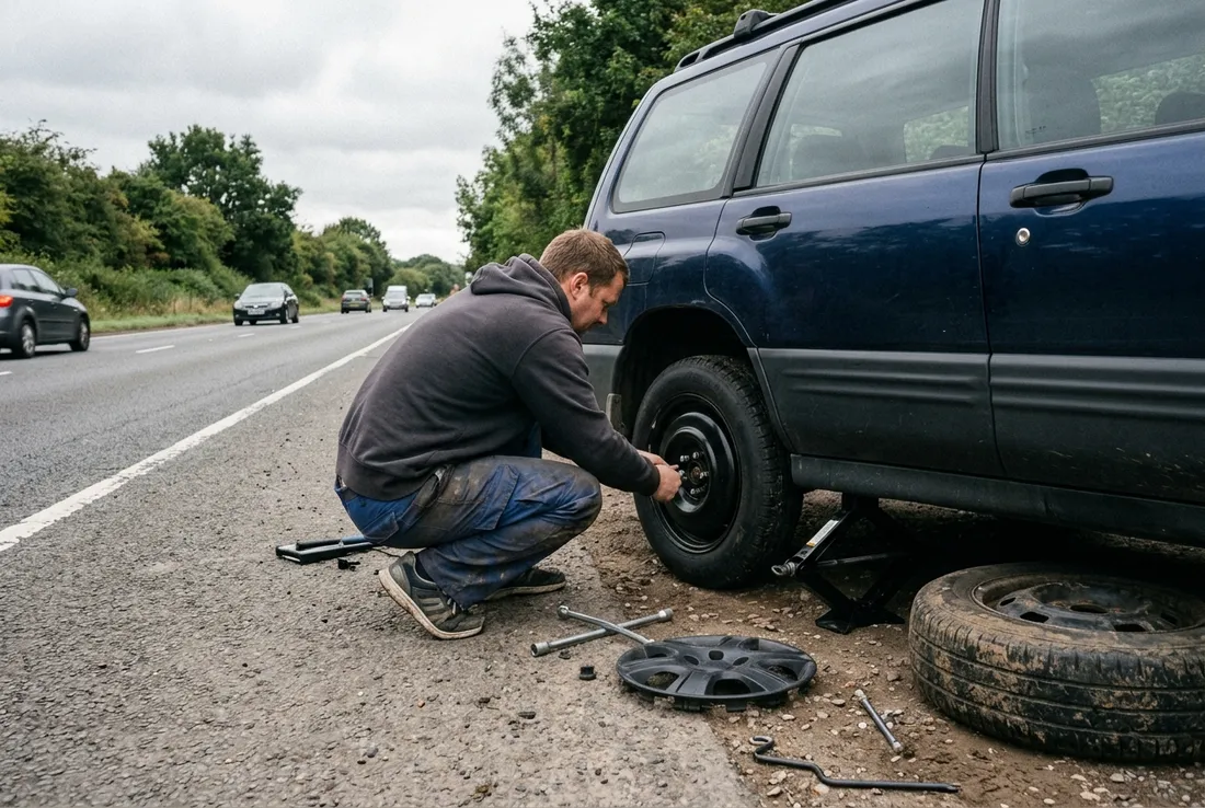 Changing a flat tire on the roadside near Suffolk, VA
