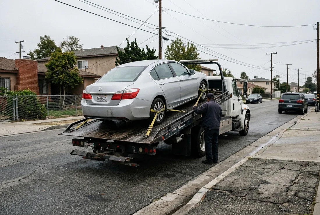 Flatbed tow truck with a car strapped on the bed in Suffolk, VA