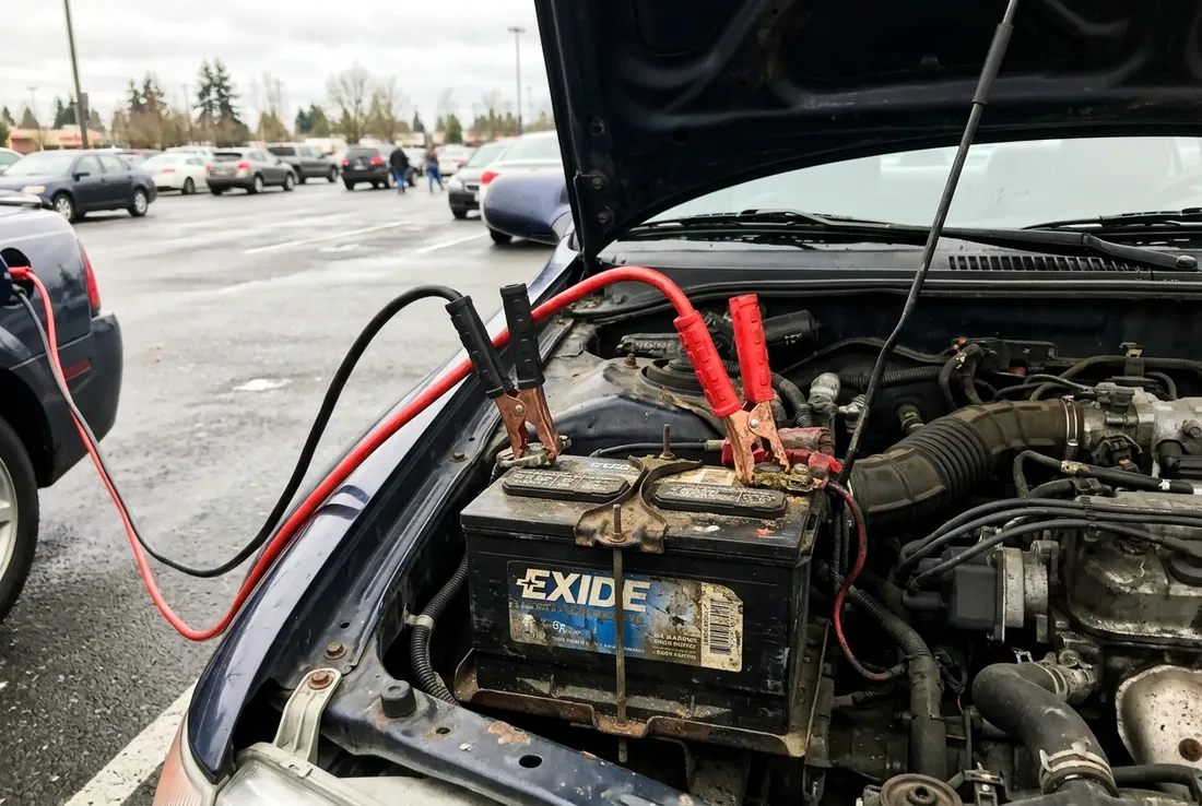 Jumper cables on a car battery during a jump start in Suffolk, VA