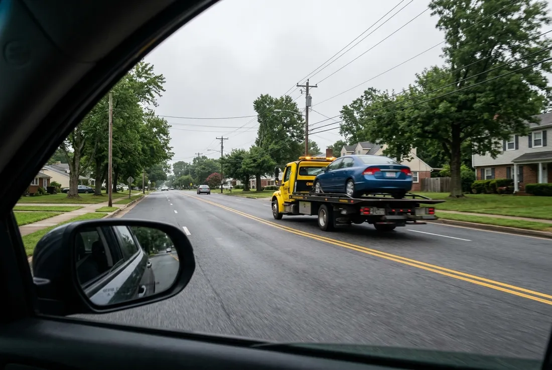 Tow truck on a street in Chesapeake, VA