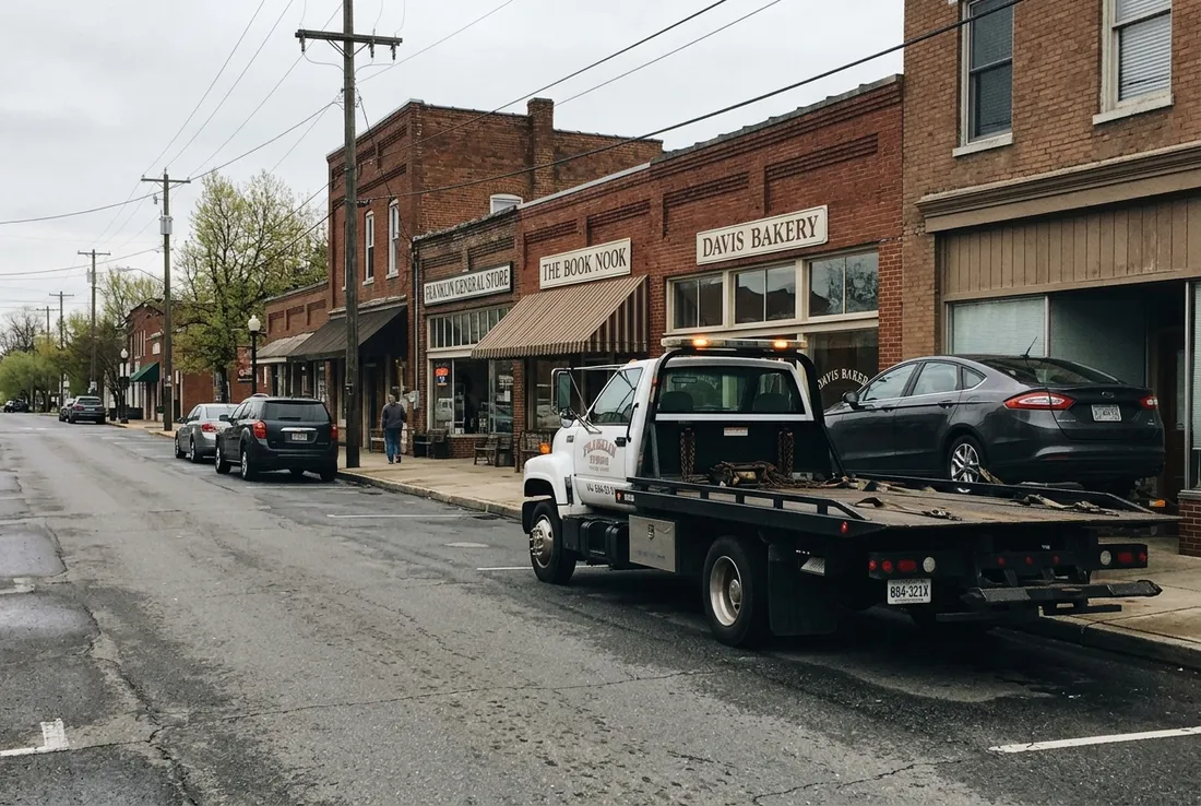 Tow truck in downtown Franklin, VA