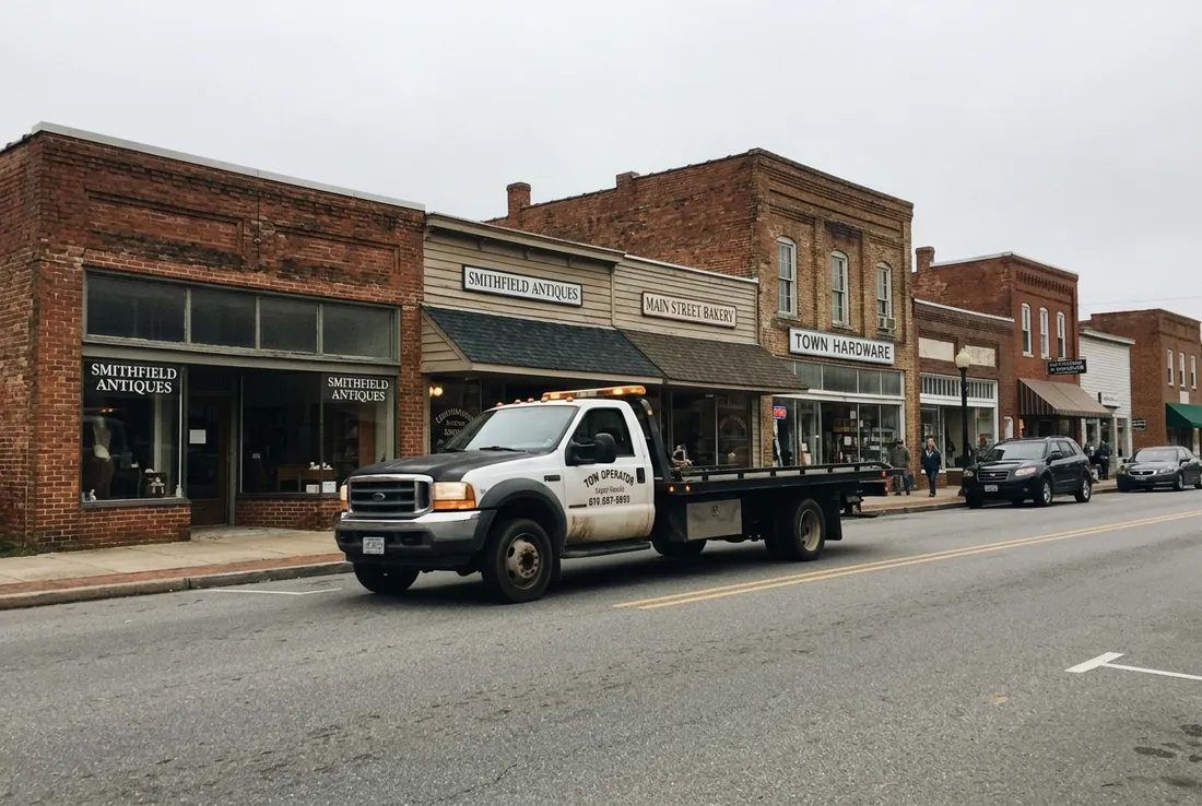 Tow truck on a main street in Smithfield, VA