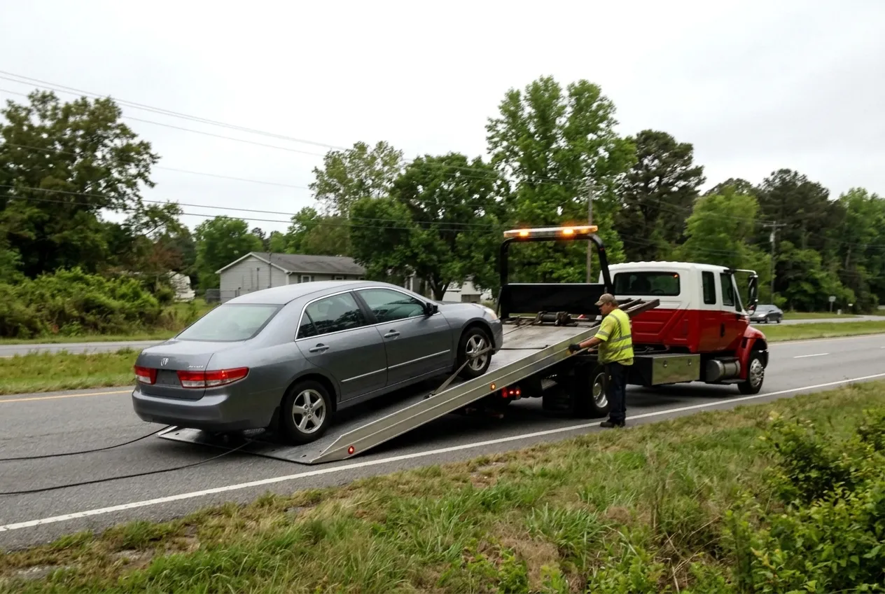 Flatbed tow truck loading a car on the roadside in Suffolk, VA